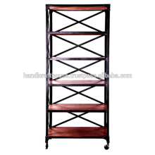 Industrial Tall Wood Shelfs 5 tier with wheels Bookcase